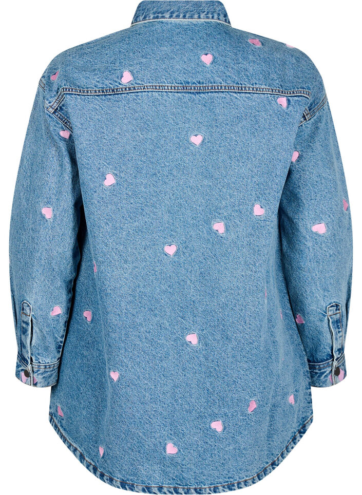 Losse denimshirt met geborduurde hartjes, Light Blue Heart, Packshot image number 1