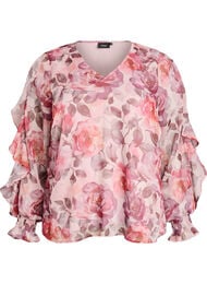 Blouse met bloemenprint, V-hals en ruches mouwen, Roze