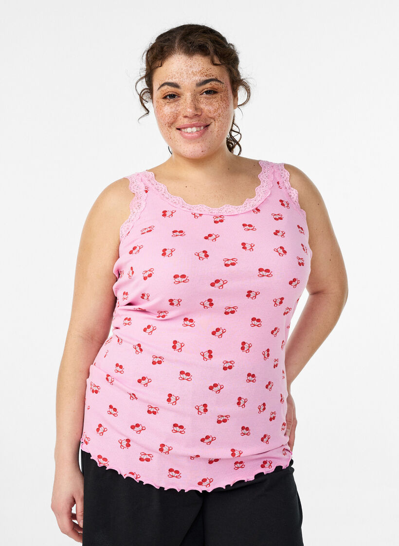 Top met print en kanten rand, Roze, Model image number 0
