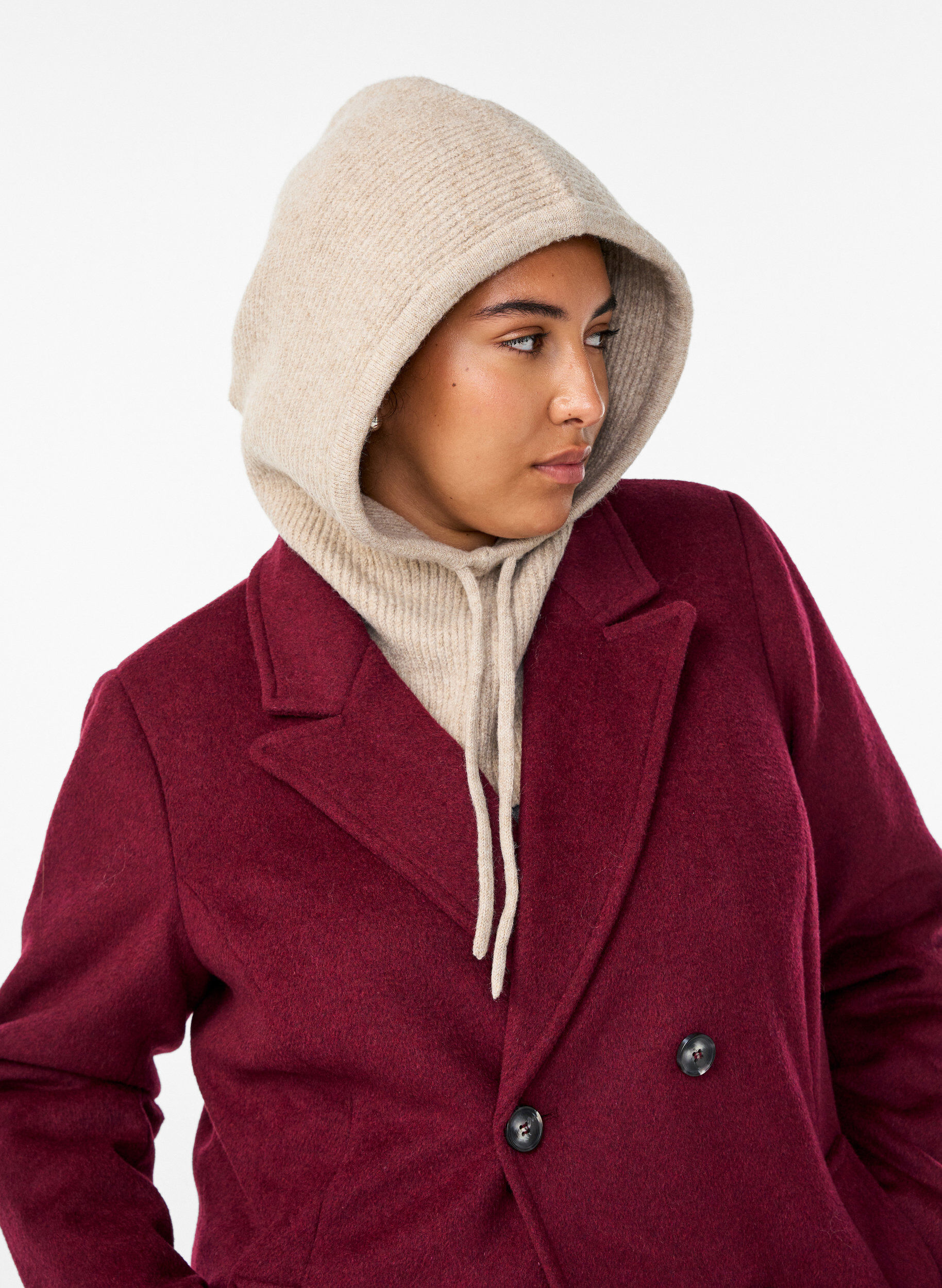 Zizzi Gebreide balaclava met trekkoordjes, Beige, Model image number 1