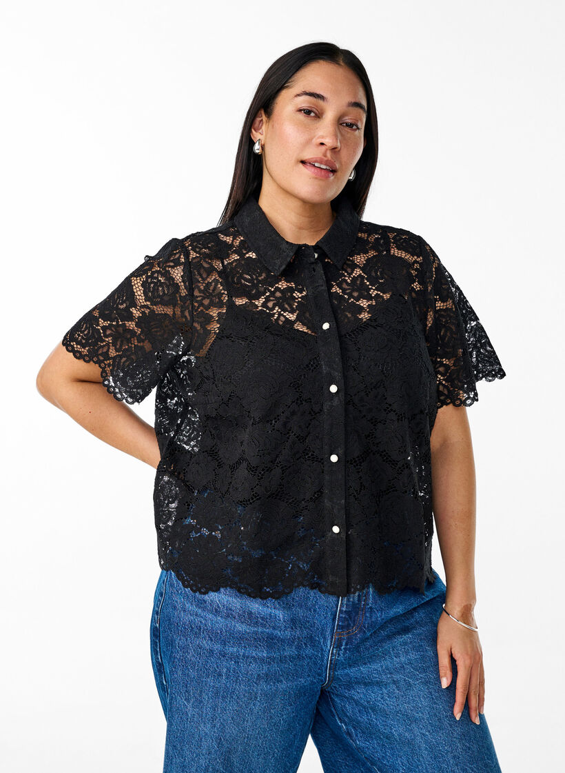 Kanten shirt blouse met parelknopen, Zwart, Model image number 0