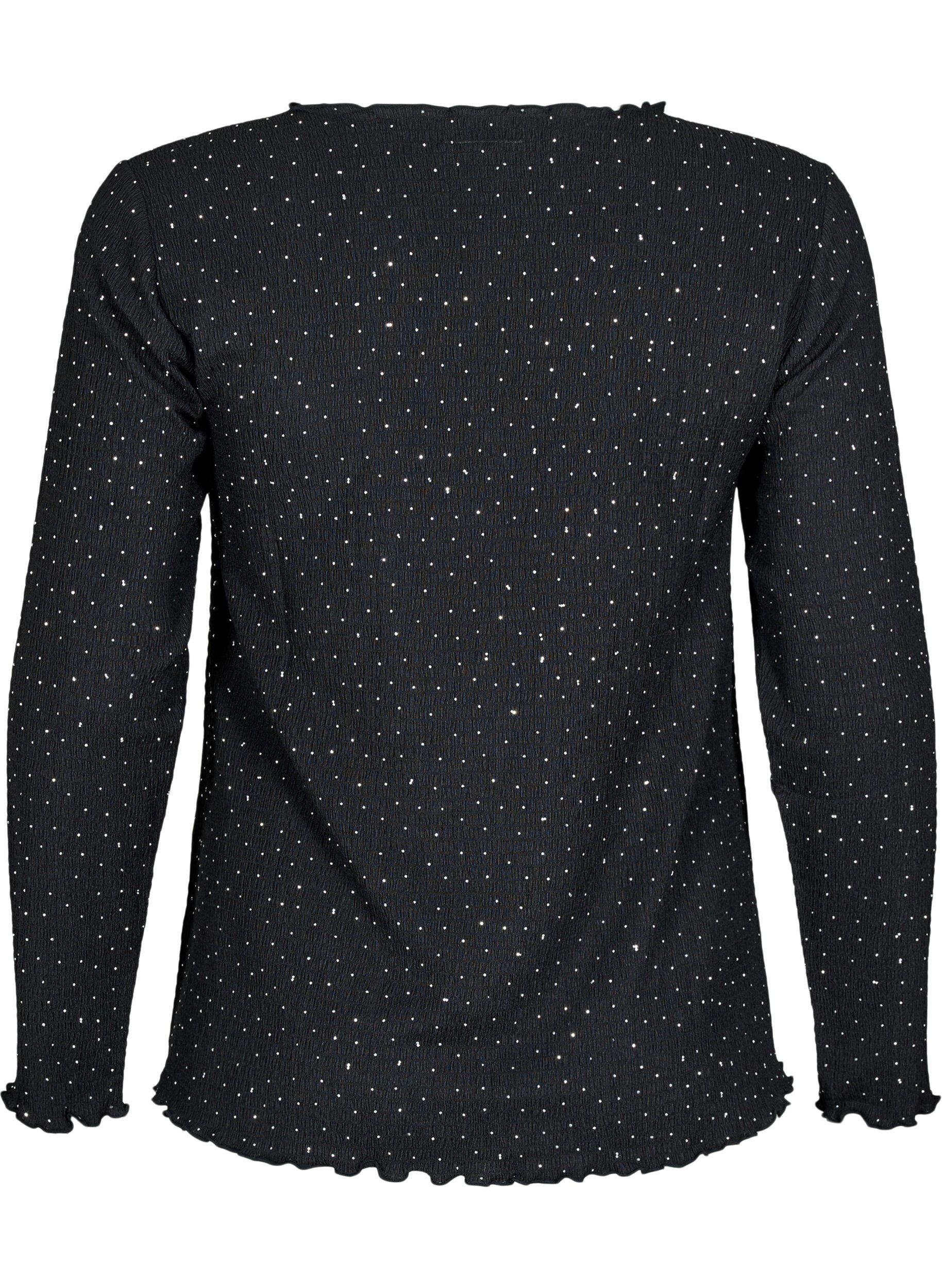 Zizzi Blouse met lange mouwen en strassstenen, Zwart, Packshot image number 1