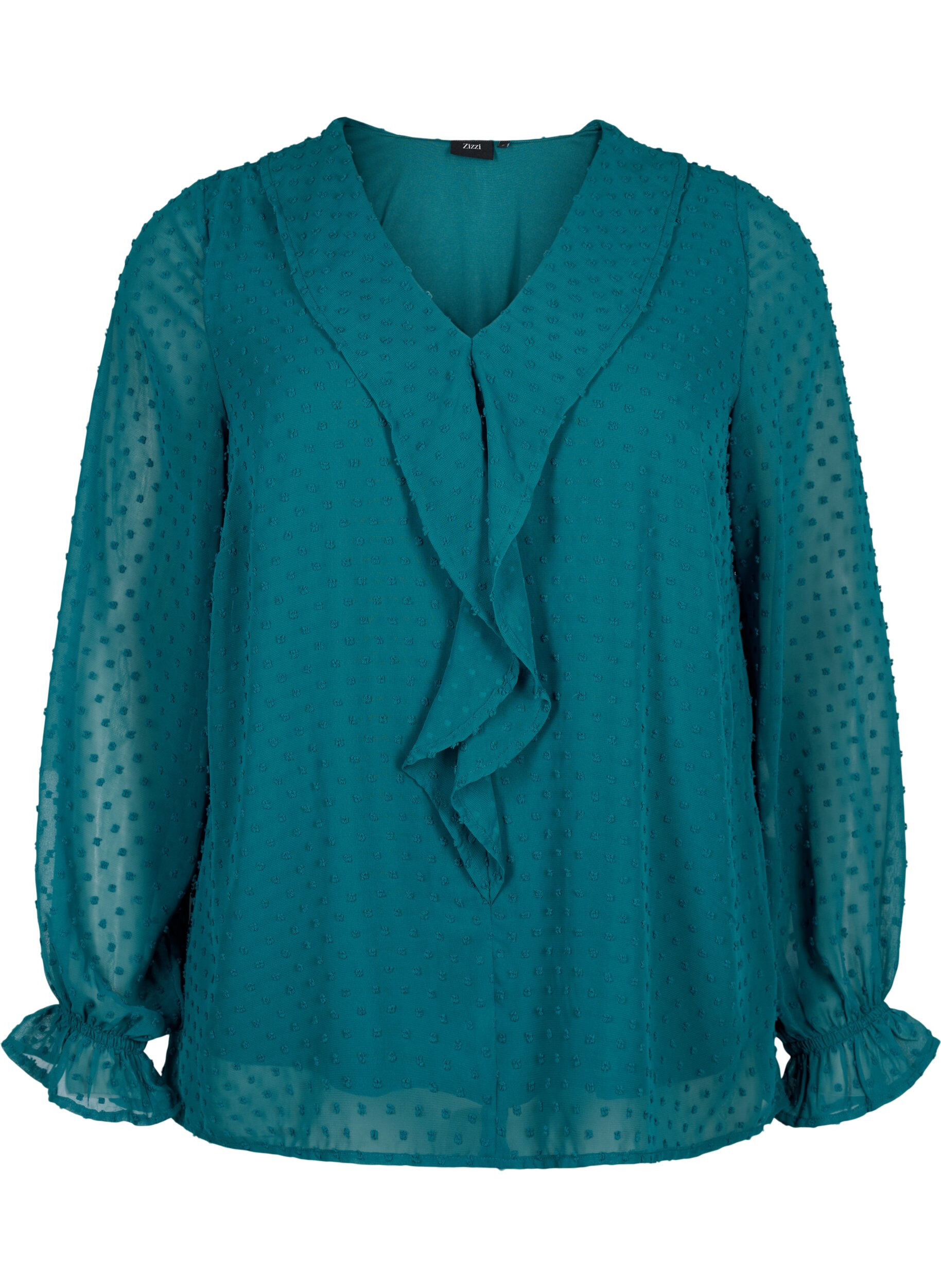 Zizzi Blouse met ruches en gestippelde structuur, Shaded Spruce, Packshot image number 0