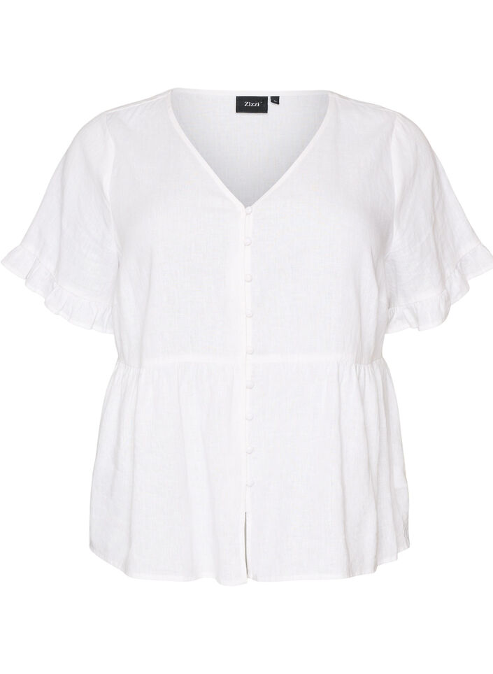 Blouse in linnen en viscose met een V-hals en knoopsluiting, Wit, Packshot image number 0