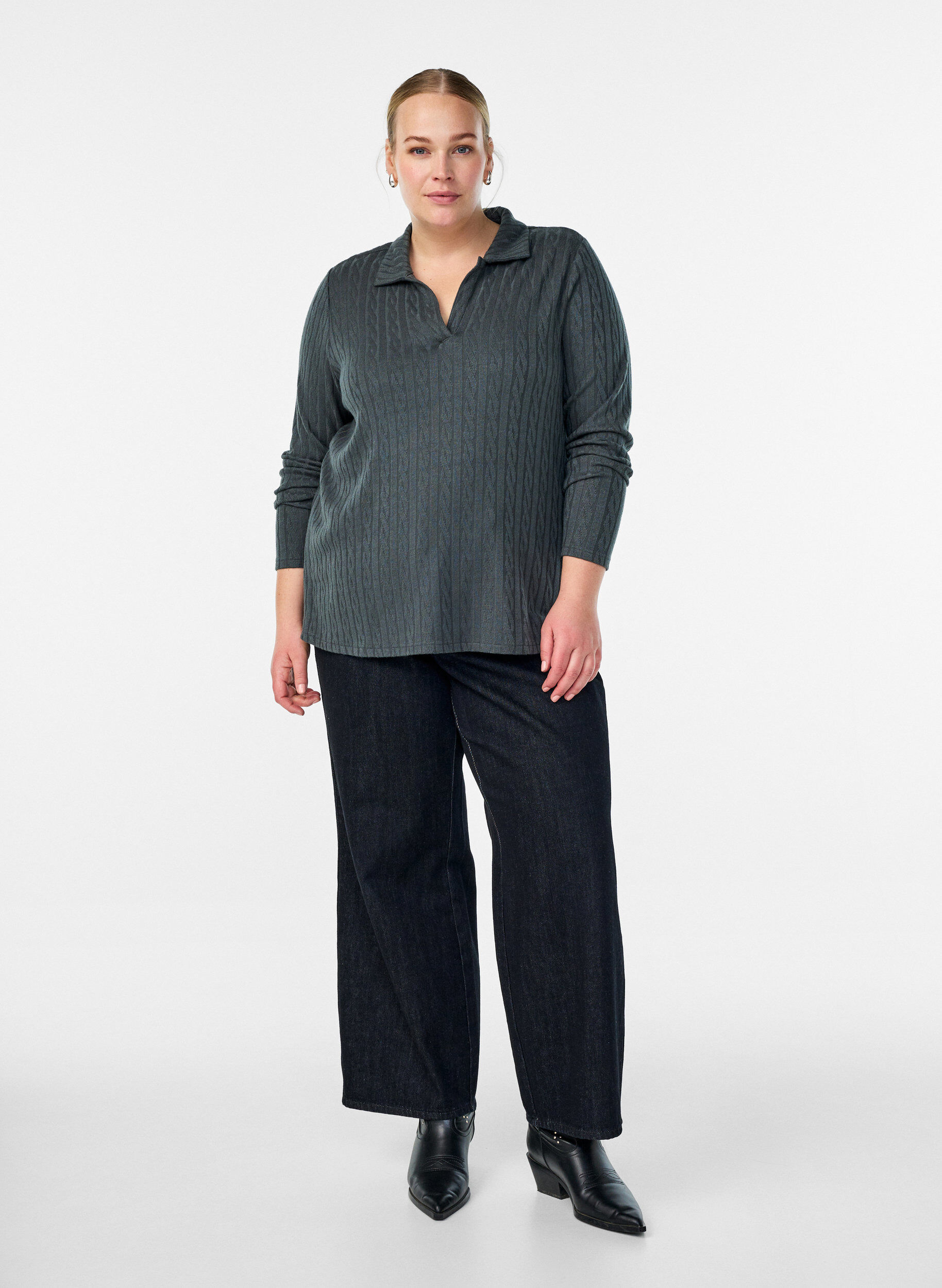 Zizzi Gebreide blouse met kraag en kabelpatroon, Groen, Model image number 1