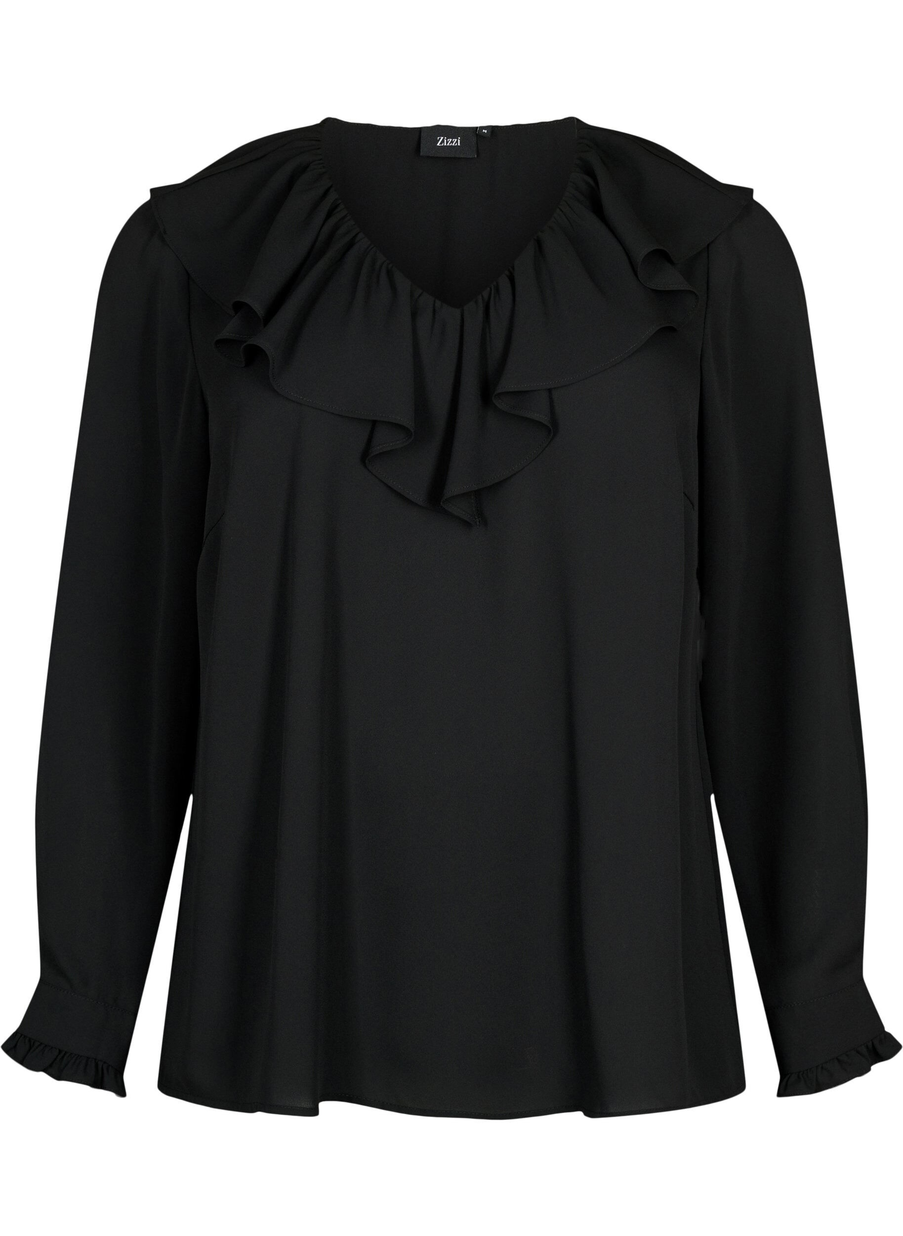 Zizzi  Blouse met ruches en lange mouwen, Black, Packshot image number 0