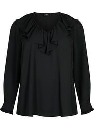  Blouse met ruches en lange mouwen, Black
