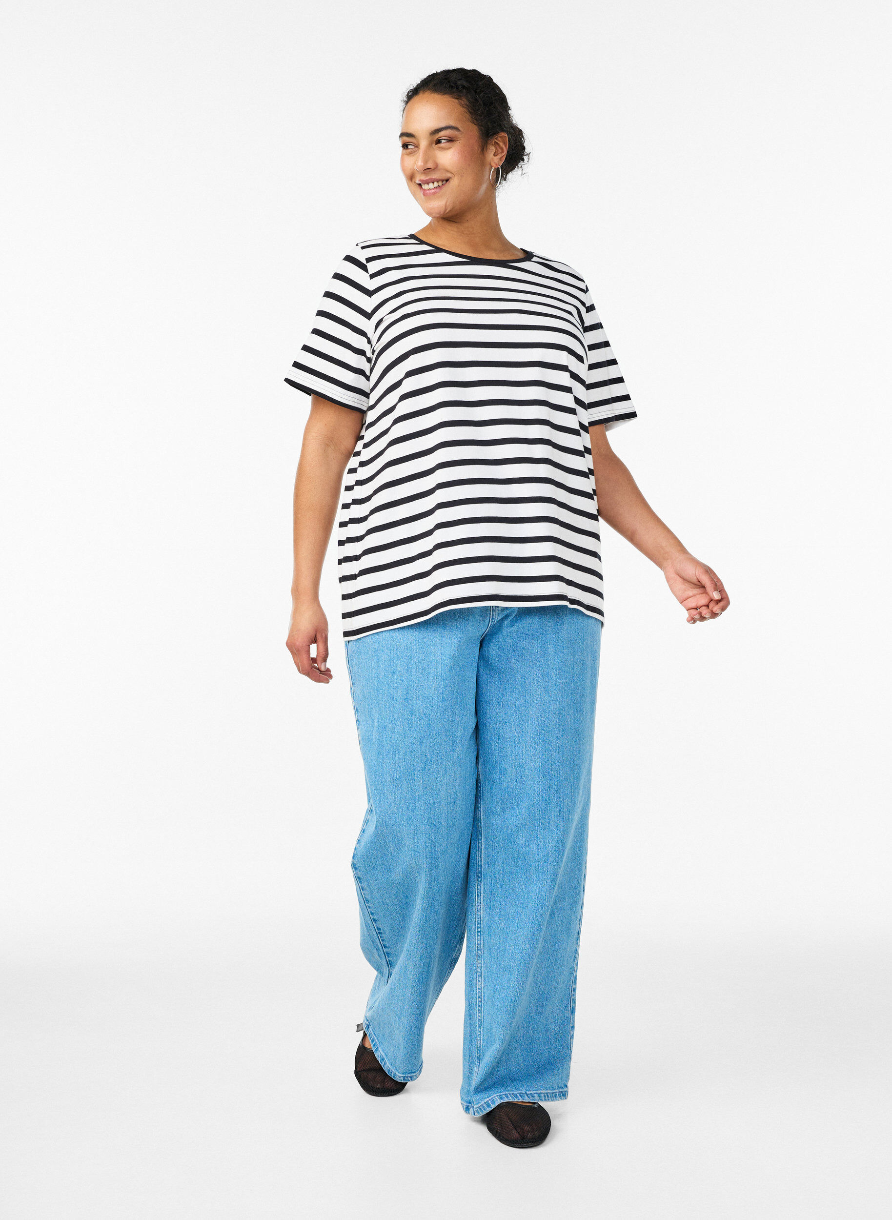 Zizzi Gestreept T-shirt van biologisch katoen, Wit, Model image number 1