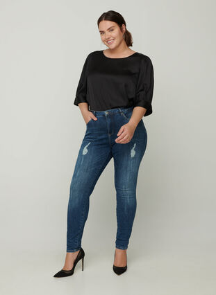 Amy jeans met slijtage details, Blue denim, Model image number 2