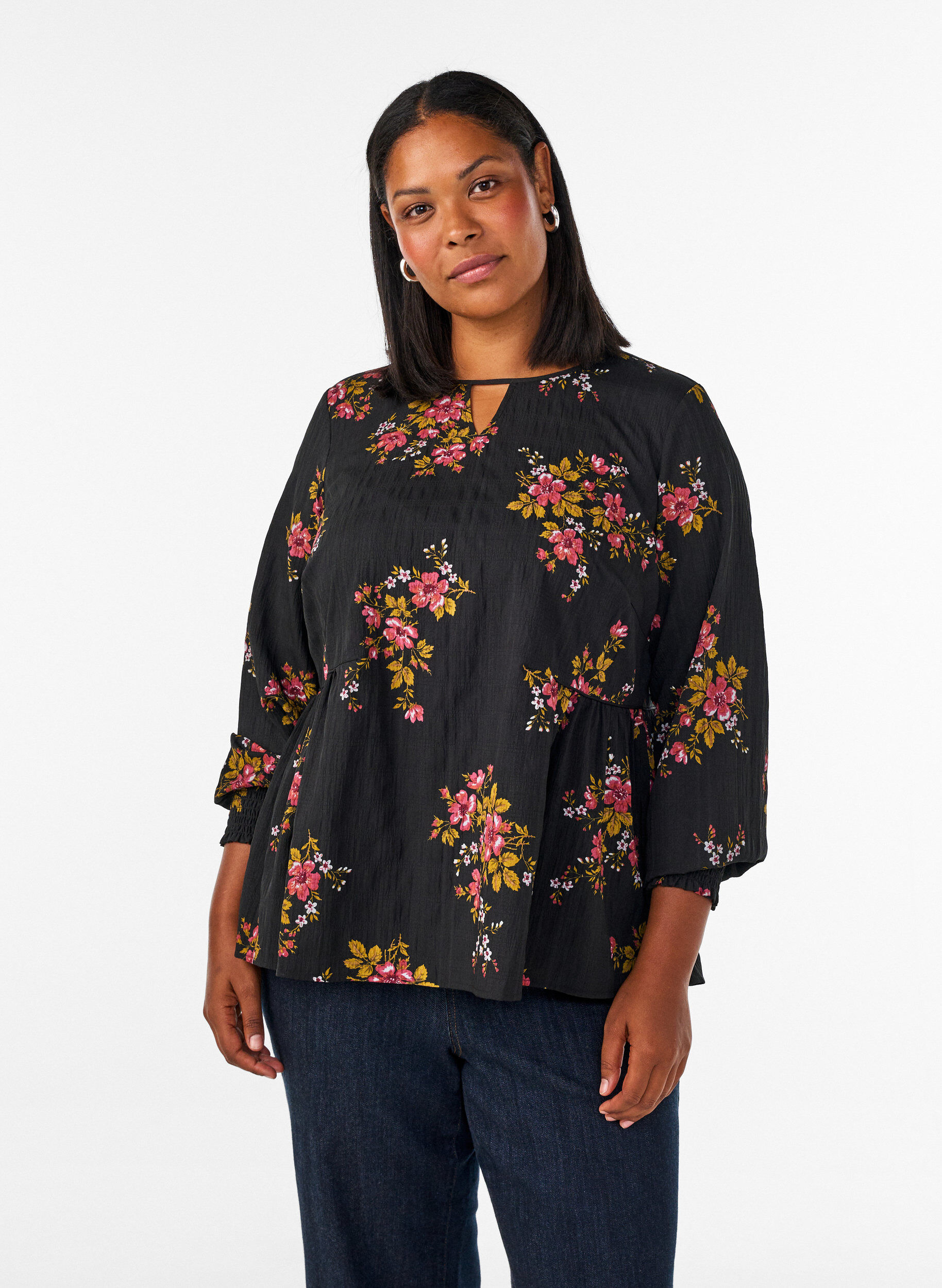 ZizziBlouse met lange mouwen en bloemenprint, Zwart, Model image number 0