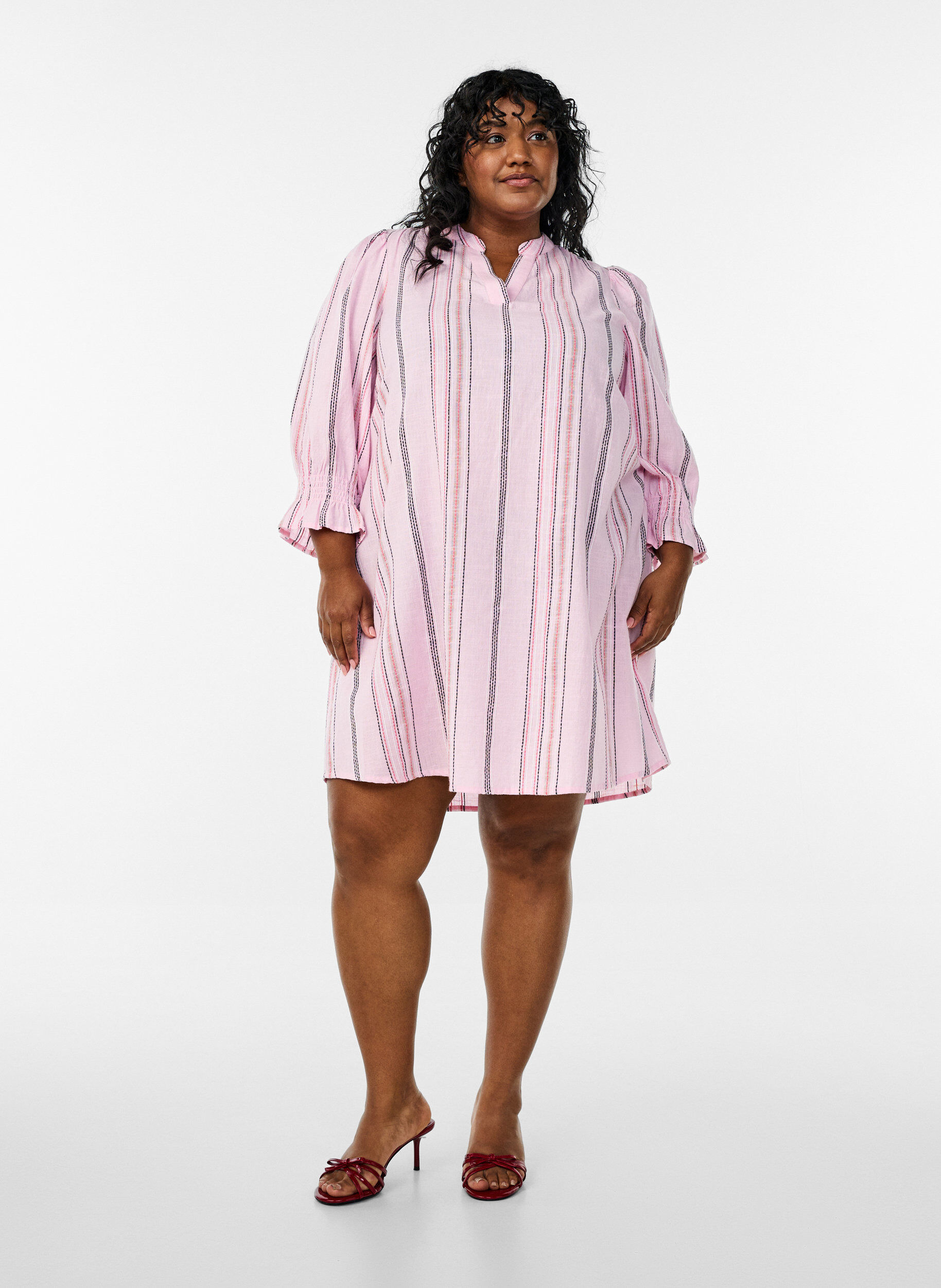 Zizzi Korte katoenen jurk met gestreept patroon, Roze, Model image number 1