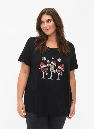 Kerst T-shirt met pailletten, Black w. Wine, Model image number 0