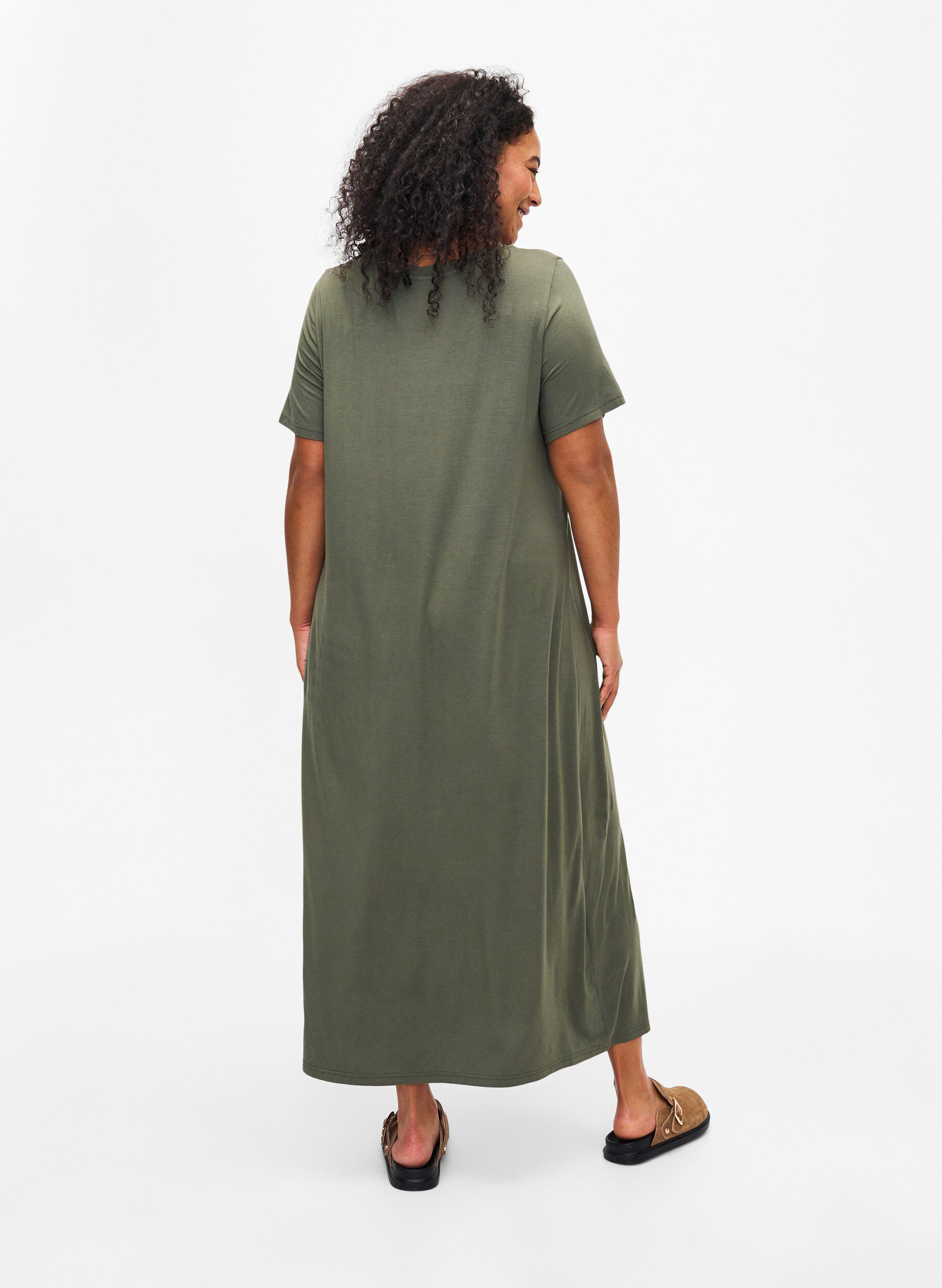 Zizzi Midi-jurk van viscose met korte mouwen, Thyme, Model image number 1