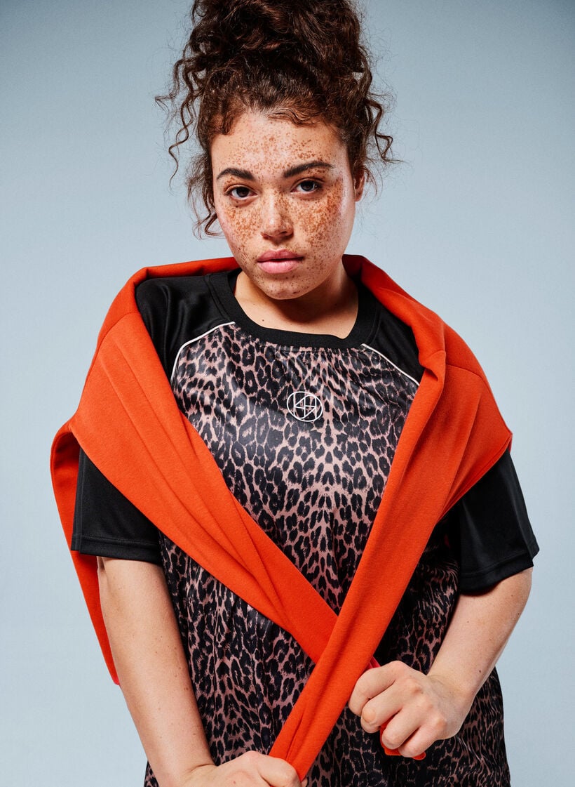 Workout T-shirt met raglanmouwen en luipaardprint, Bruin, Image image number 0