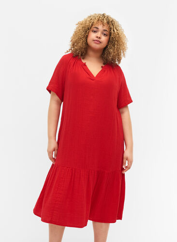 Midi-jurk met korte mouwen van katoen, Barbados Cherry, Model image number 0