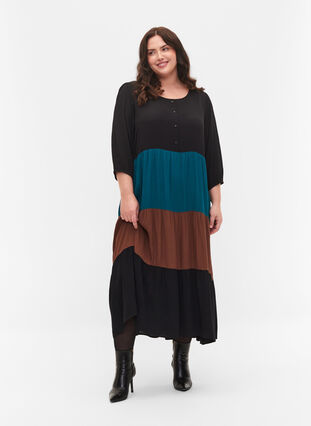Viscose jurk met colorblock, Brown Green Block, Model image number 0