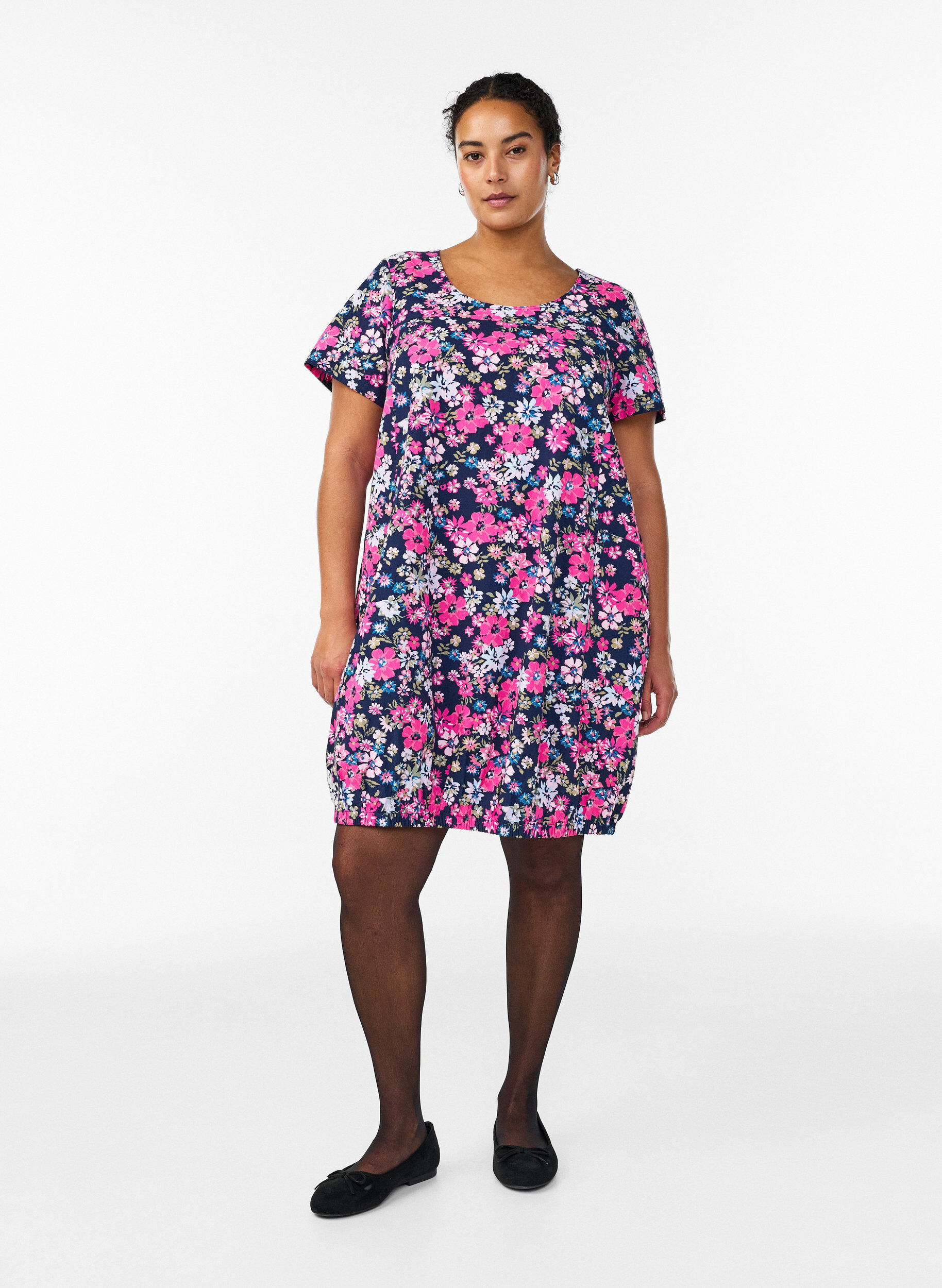 Zizzi Katoenen jurk met korte mouwen en print, Blauw, Model image number 1