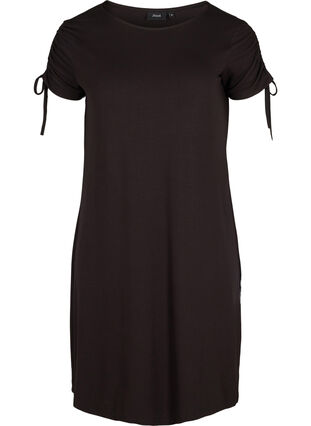 Viscose jurk met korte mouwen en koordjes, Black, Packshot image number 0