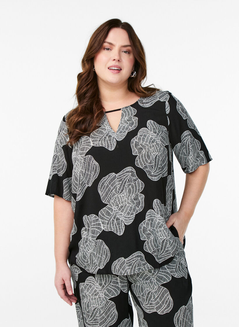 Korte mouw visrose Blouse met print, Zwart, Model image number 0