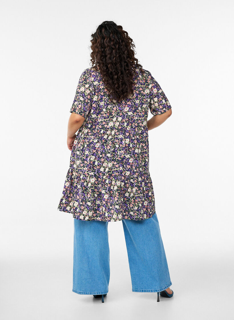 Jurk met korte mouwen, A-lijn en snijlijnen, Paars, Model image number 2