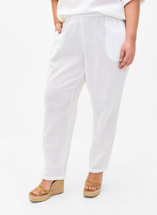 Effen katoenen broek met linnen, Bright White, Model image number 2