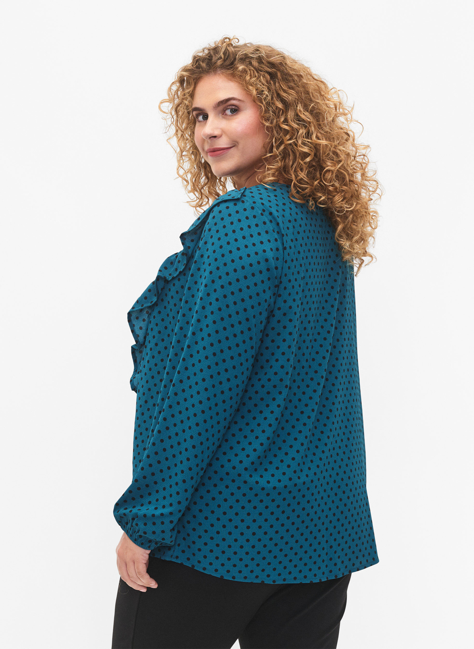 Zizzi Blouse met lange mouwen en ruches, Shaded Spruce Dot, Model image number 1