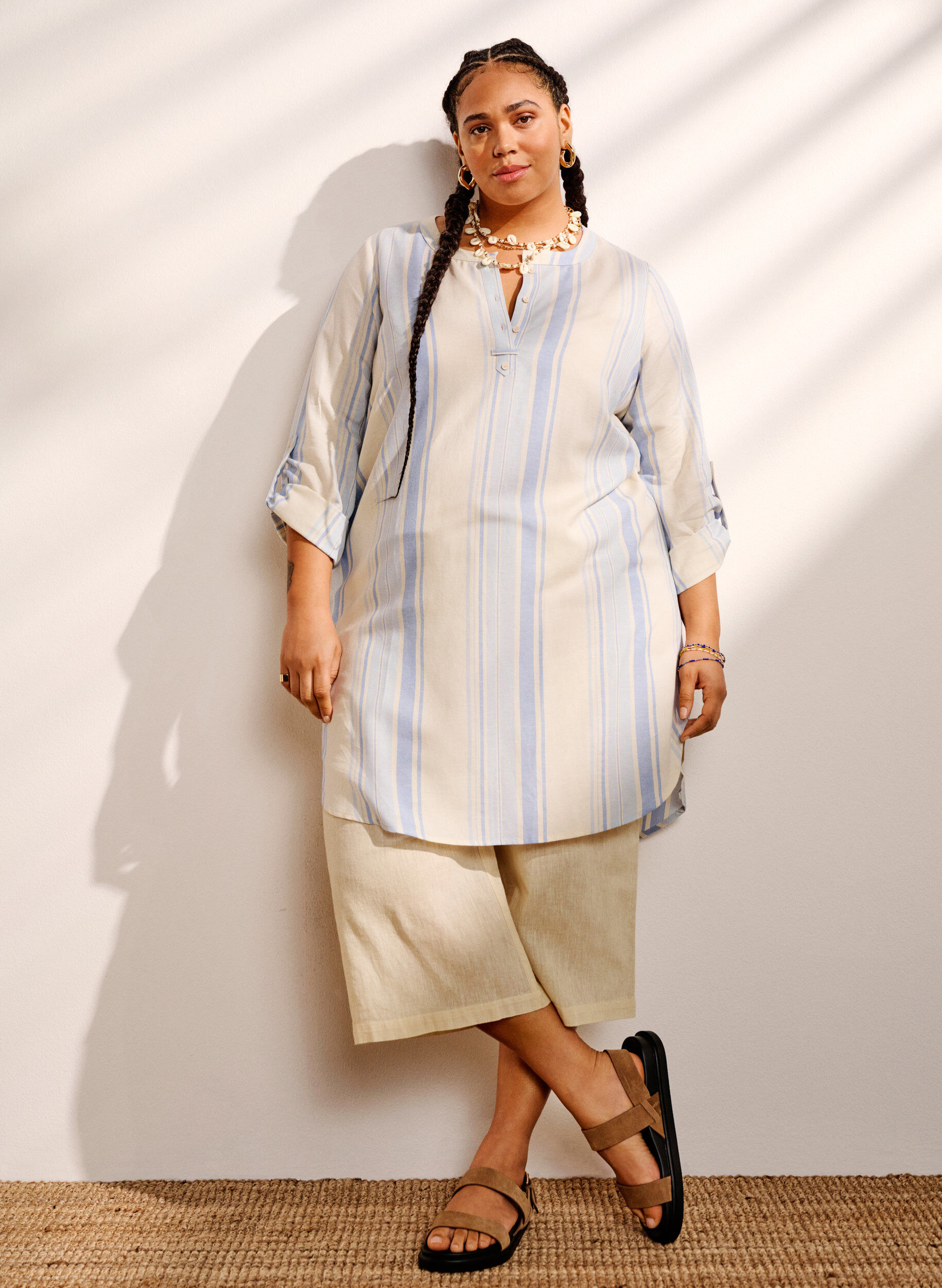 Zizzi Gestreepte jurk met lange mouwen, Birch w. Stripes, Image image number 0