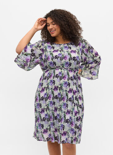 Bedrukte geplooide jurk met bindband, Purple Flower Mix, Model image number 0