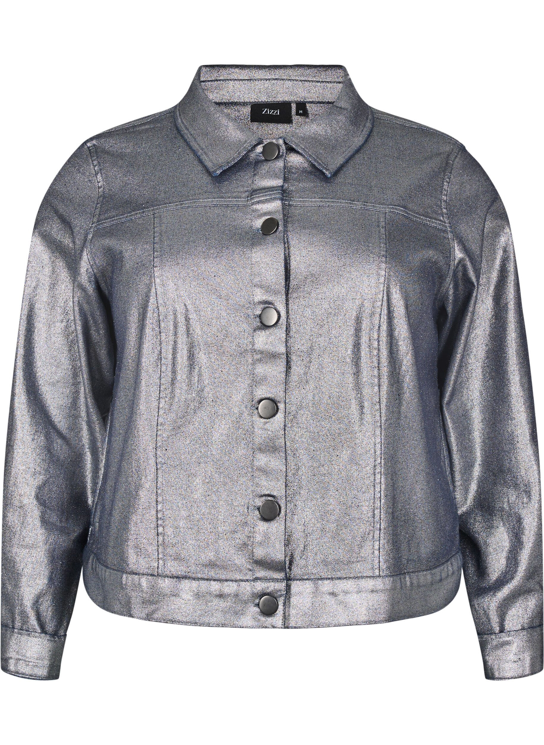 Zizzi Zilvergelaagde denimjack, Gun Silver, Packshot image number 0