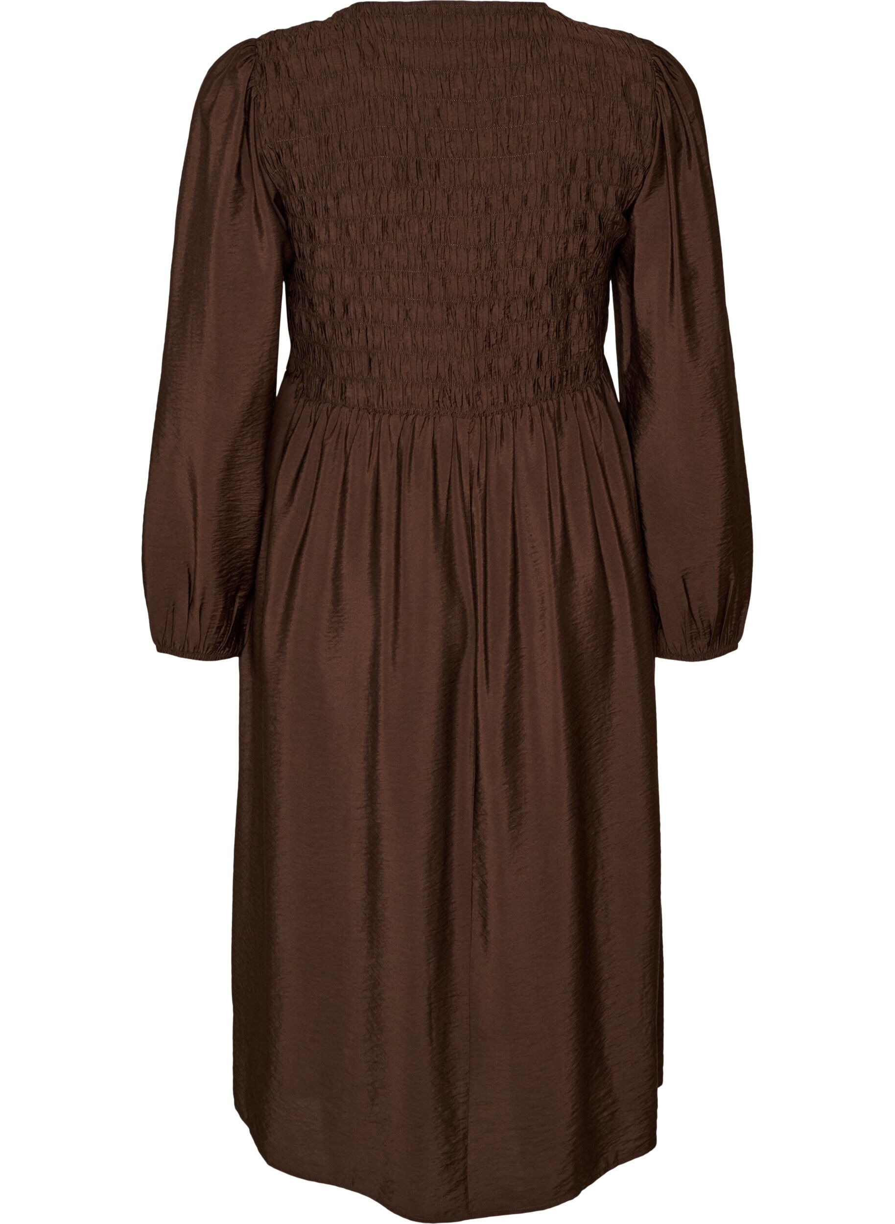 ZizziMidi-jurk van viscose met smockwerk, Bruin, Packshot image number 1