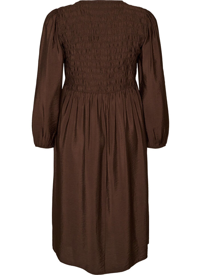 Midi-jurk van viscose met smockwerk, Bruin, Packshot image number 1