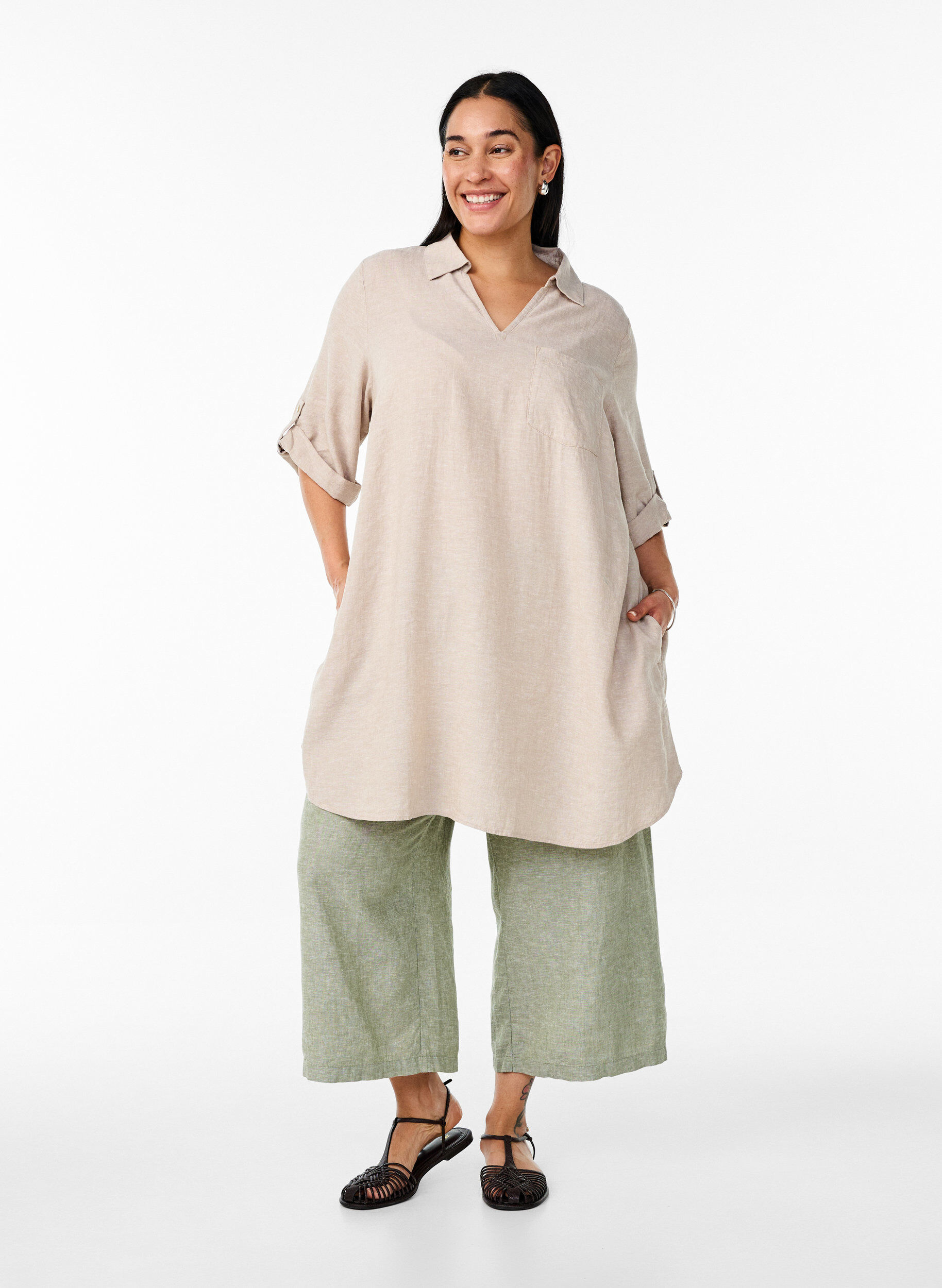 Zizzi Tuniek van linnen en viscose met A-vorm, Beige, Model image number 1