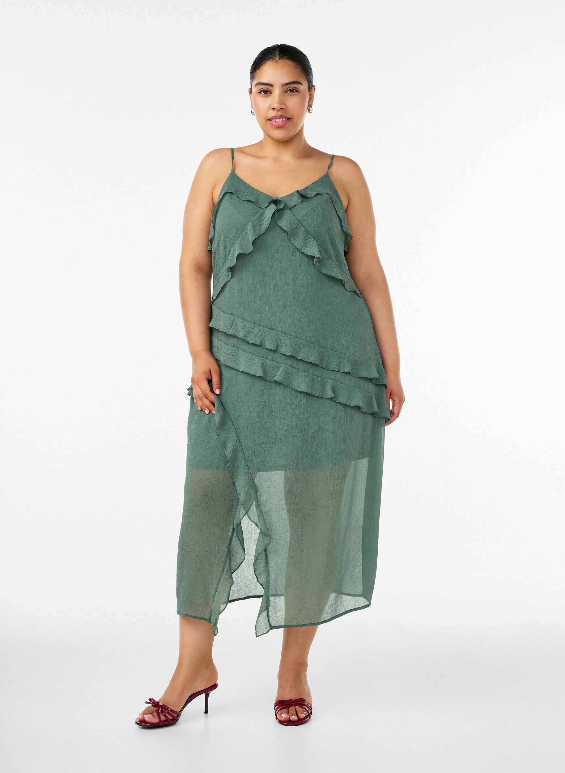 ZizziChiffon jurk met asymmetrische ruches, Groen, Model image number 0