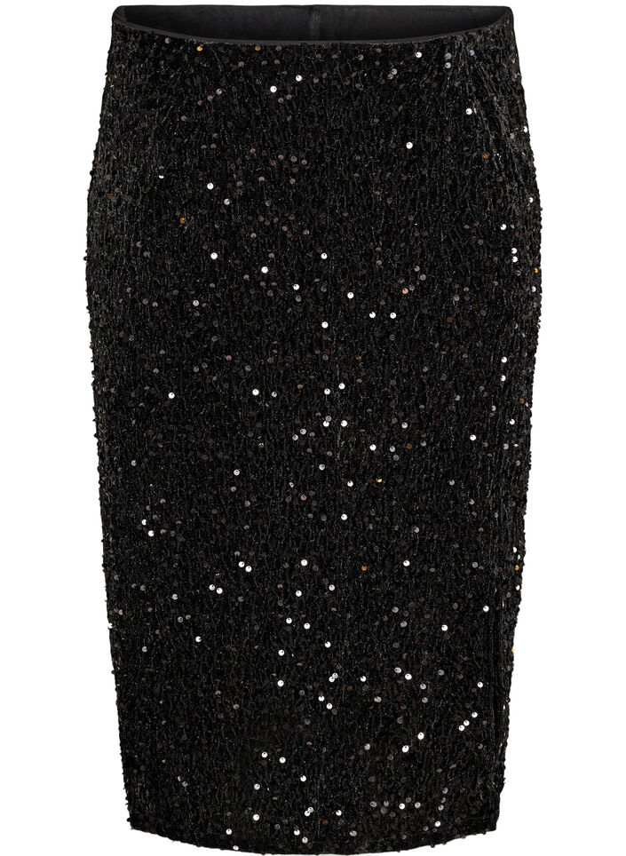 Midirok met pailletten en splitten, Zwart, Packshot image number 0