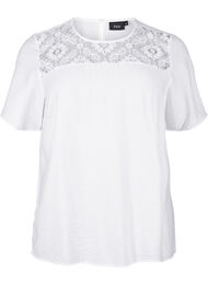 Blouse van viscose met korte mouwen en kant detail, Bright White