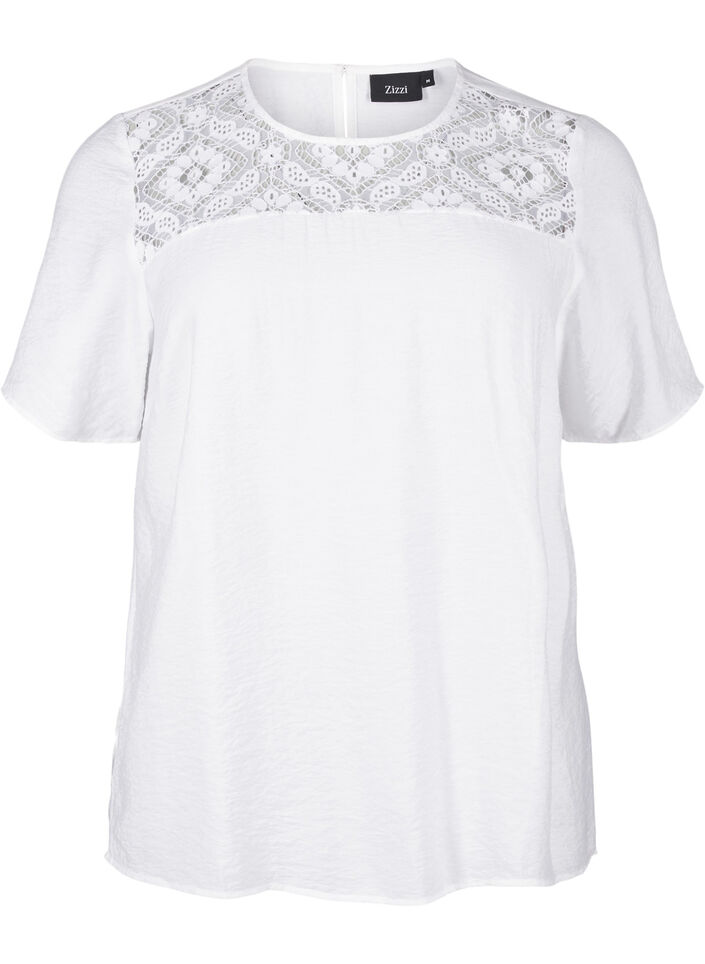 Blouse van viscose met korte mouwen en kant detail, Bright White, Packshot image number 0