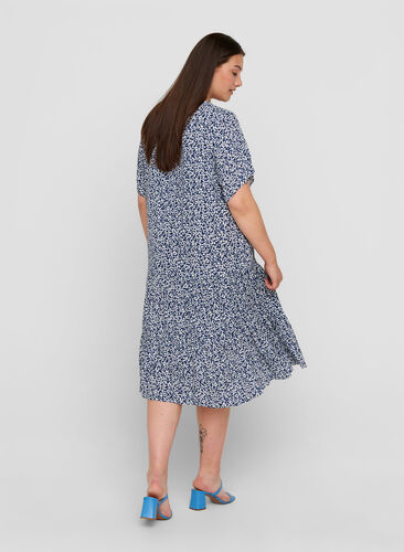 Viscose jurk met print en korte mouwen, Petit Blue Flower, Model image number 1