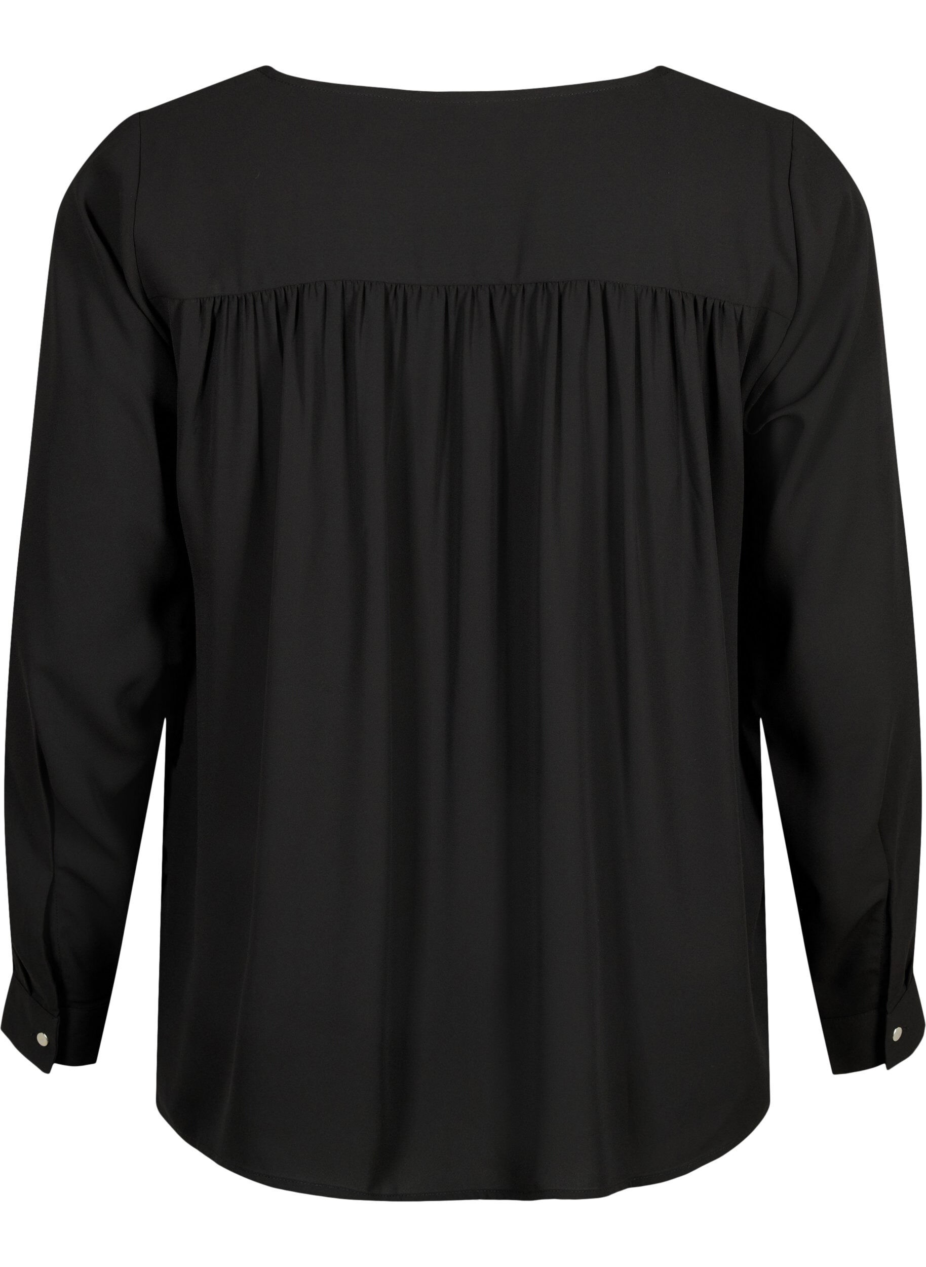 Zizzi Blouse met lange mouwen en kreukels op de rug, Black, Packshot image number 1