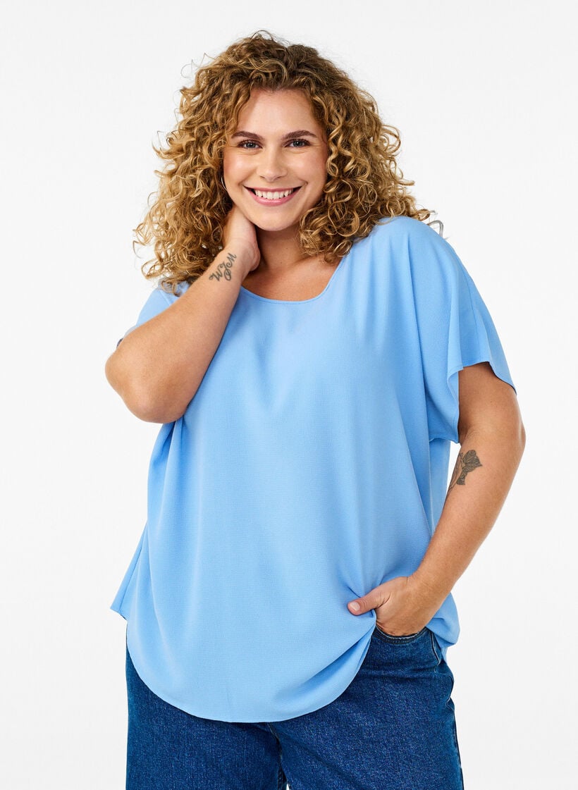 Blouse met korte mouwen en een ronde halslijn, Blauw, Model image number 0