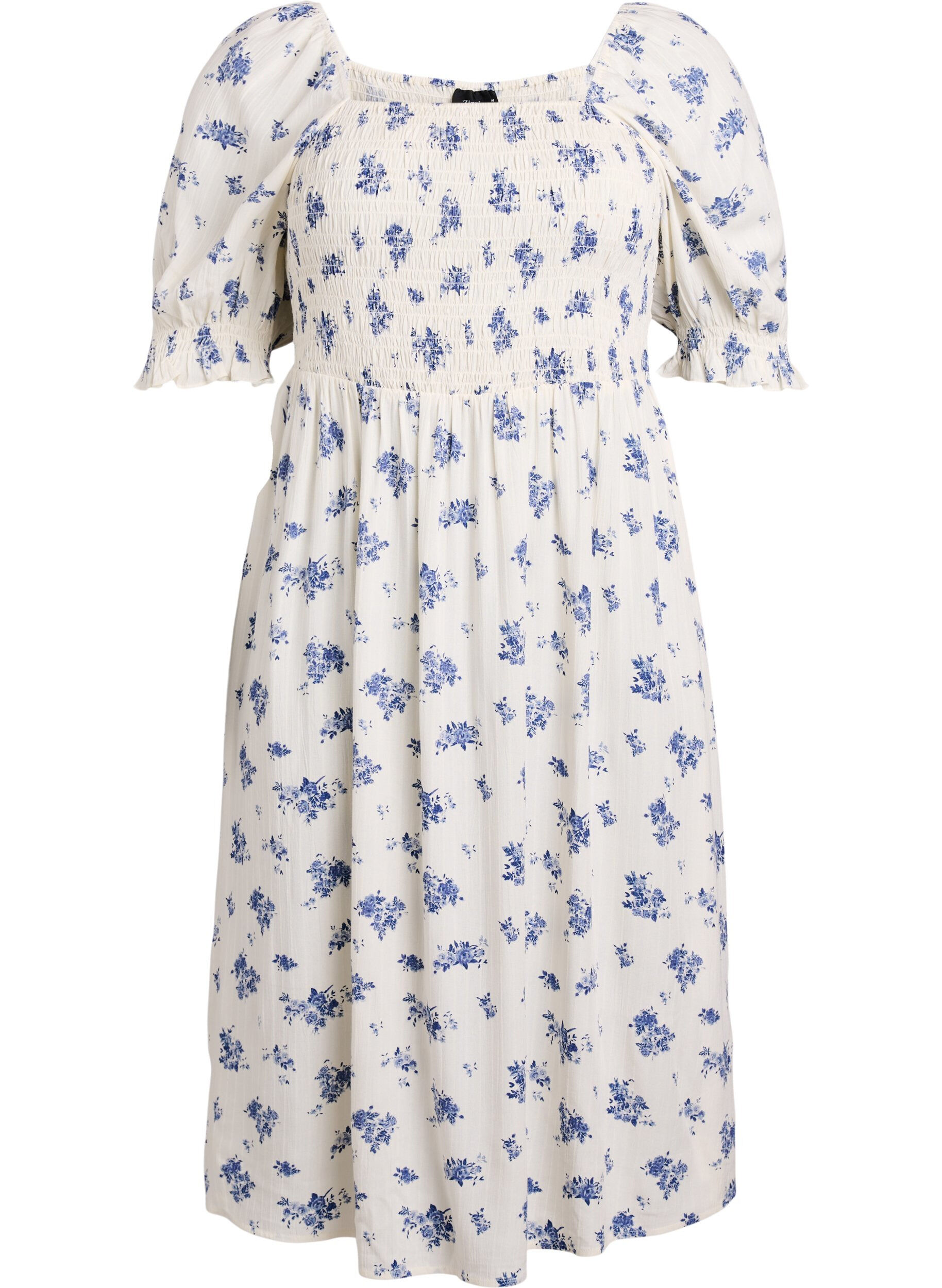 ZizziGebloemde viscose midi-jurk met smock, Wit, Packshot image number 0