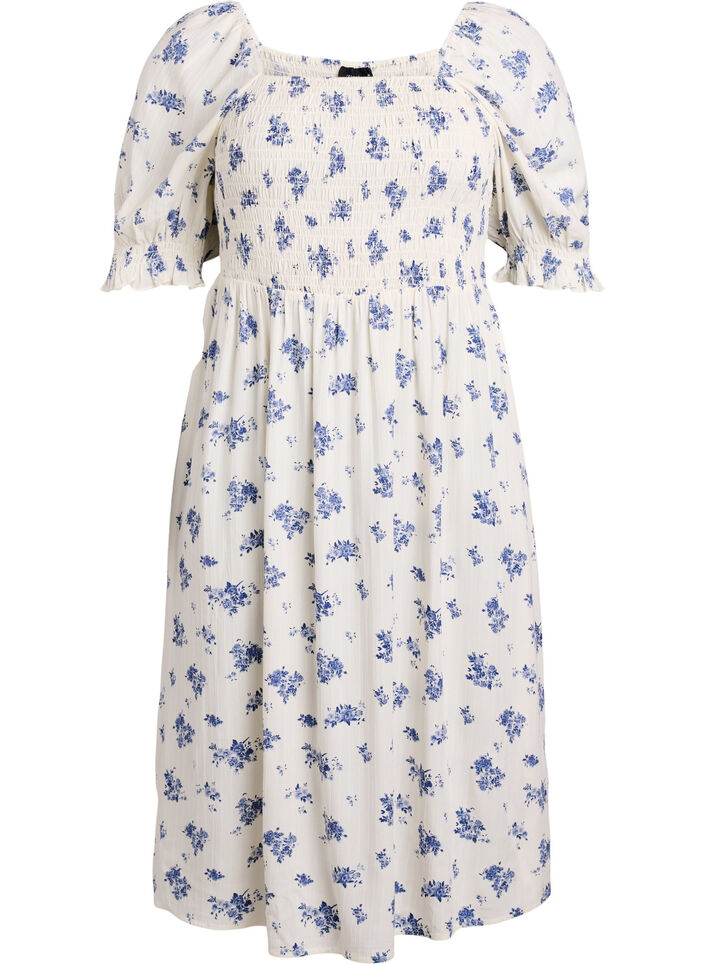 Gebloemde viscose midi-jurk met smock, Wit, Packshot image number 0