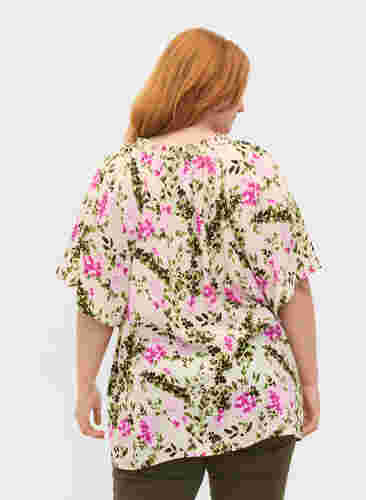 Viscose blouse met korte mouwen, Green Pink AOP, Model image number 1