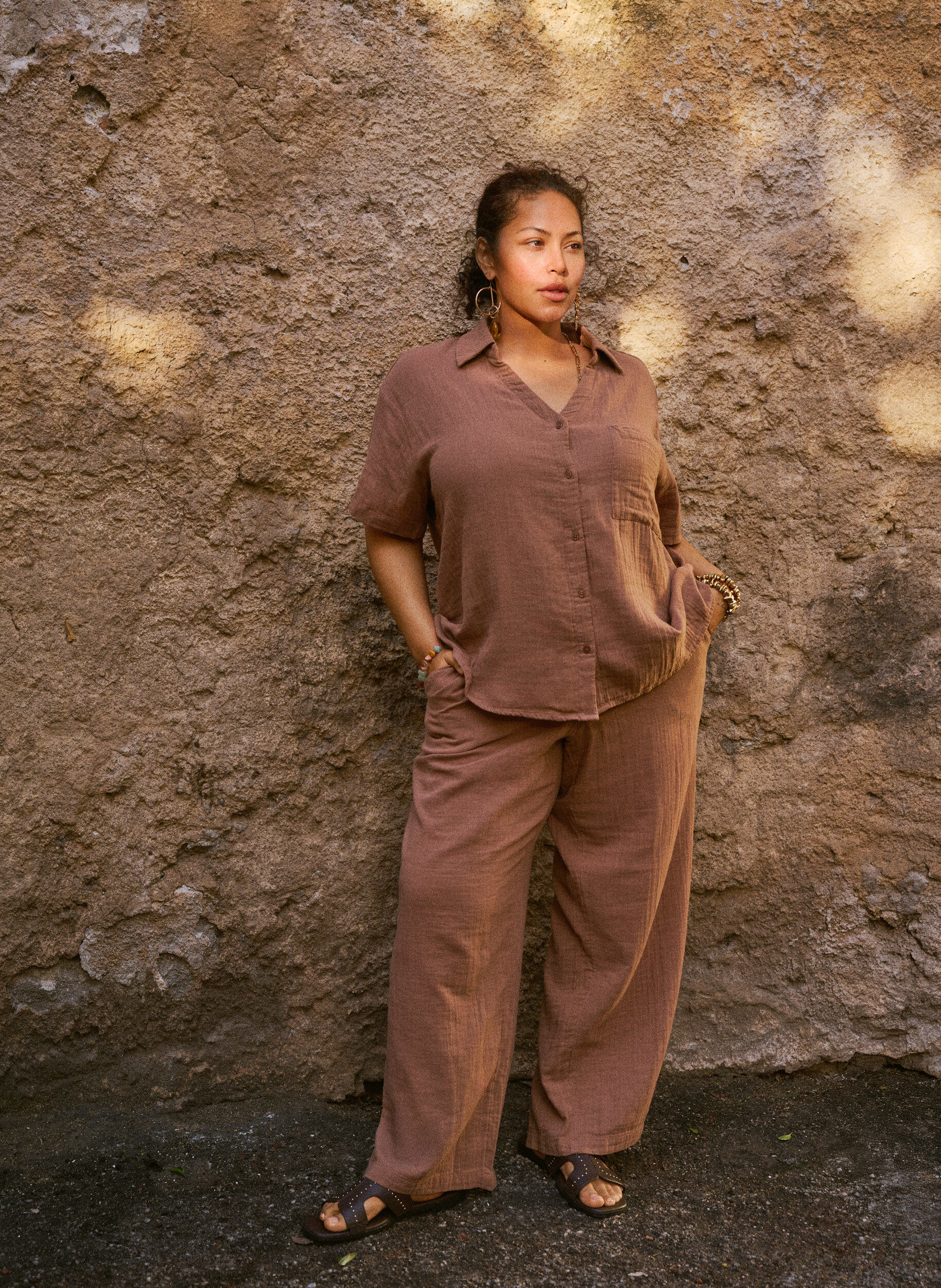 Zizzi High-waist katoenen mousseline broek met losse pijpen, Bruin, Image image number 0