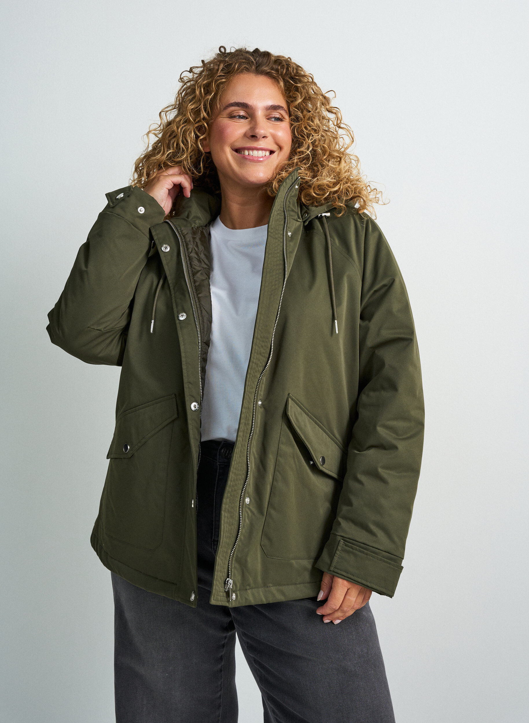 ZizziGewatteerde parka met afneembare capuchon, Groen, Model image number 0