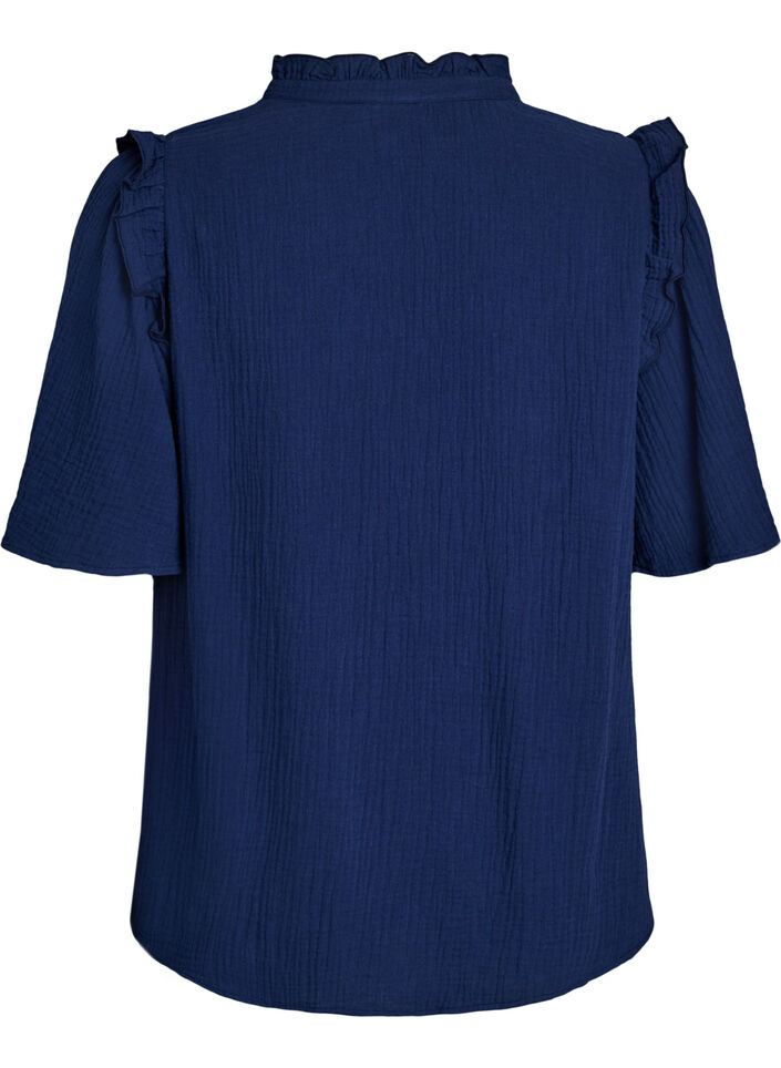 Blouse in katoen mousseline met broderie anglaise en 1/2 mouwen, Blauw, Packshot image number 1