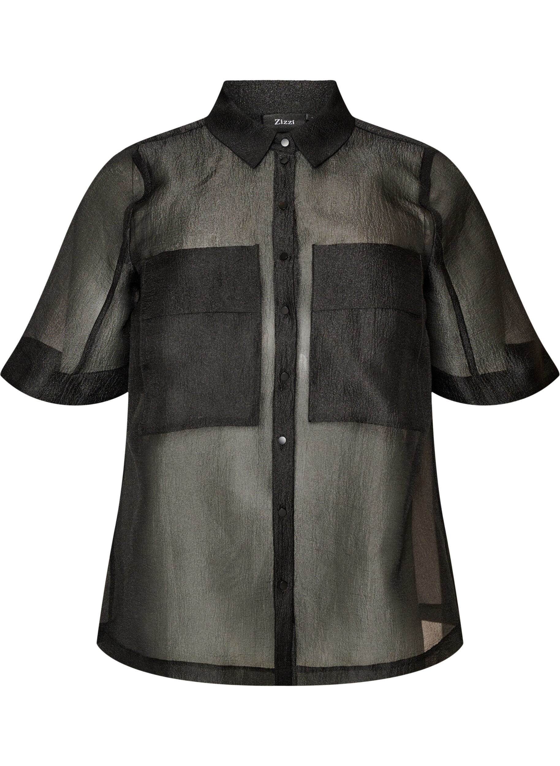 ZizziTransparant shirt met korte mouwen met borstzakken, Zwart, Packshot image number 0