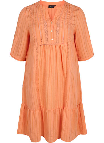 Gestreepte viscose jurk met kanten lint, Nectarine, Packshot image number 0