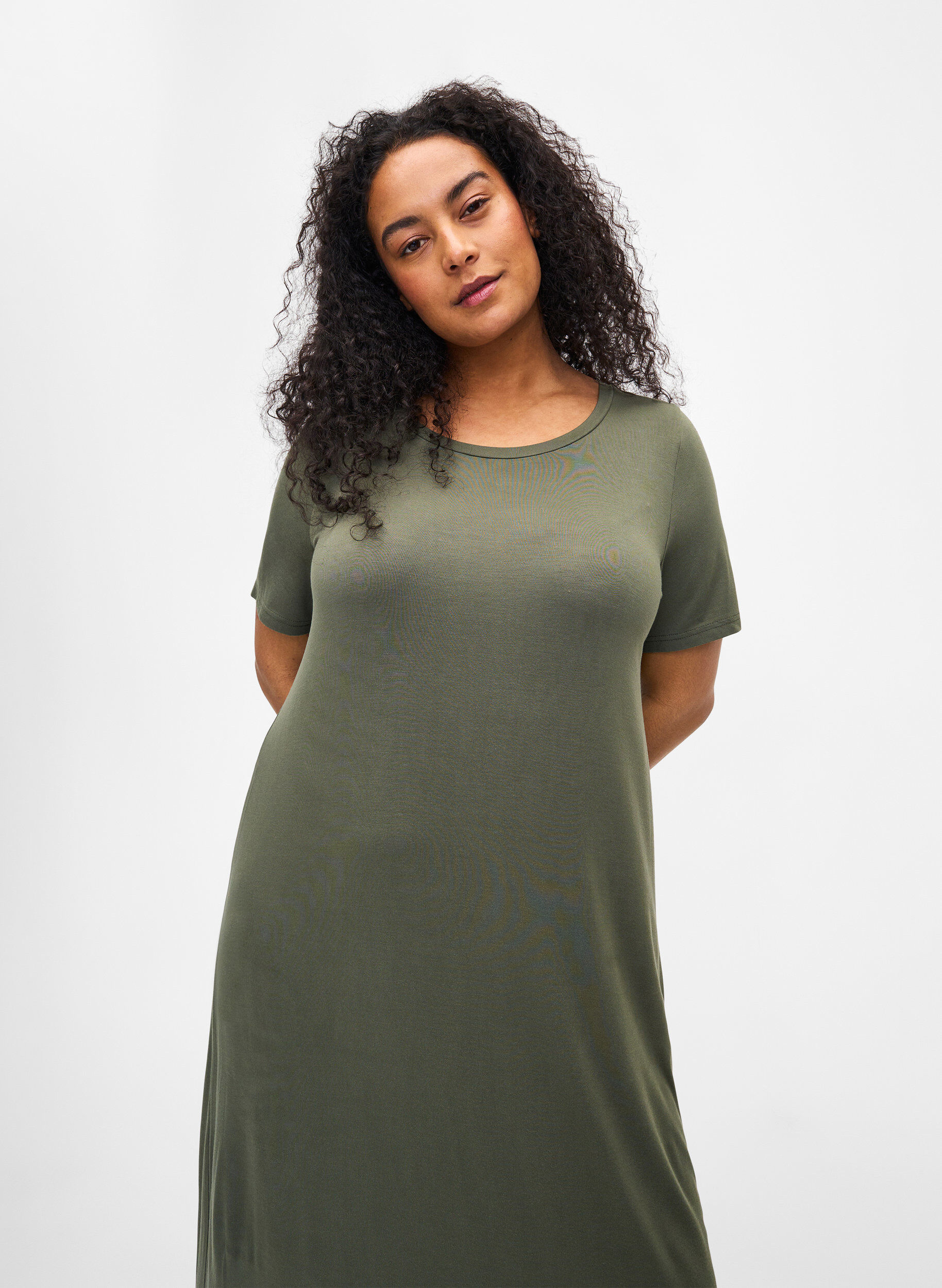 Zizzi Midi-jurk van viscose met korte mouwen, Thyme, Model image number 2