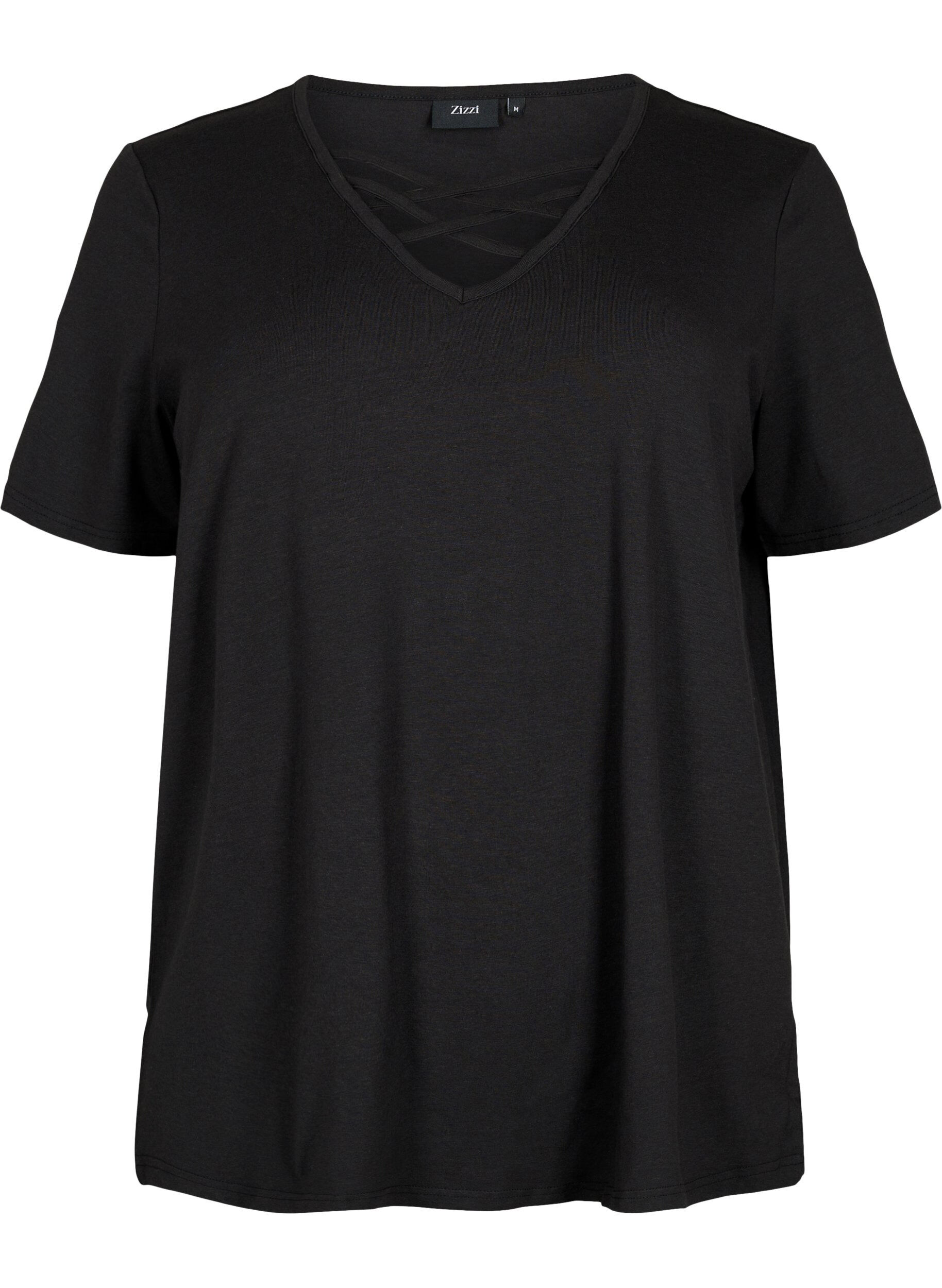 Zizzi T-shirt met v-hals en kruisdetail, Black, Packshot image number 0