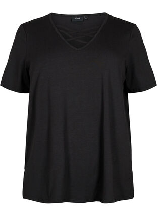 T-shirt met v-hals en kruisdetail, Black, Packshot image number 0